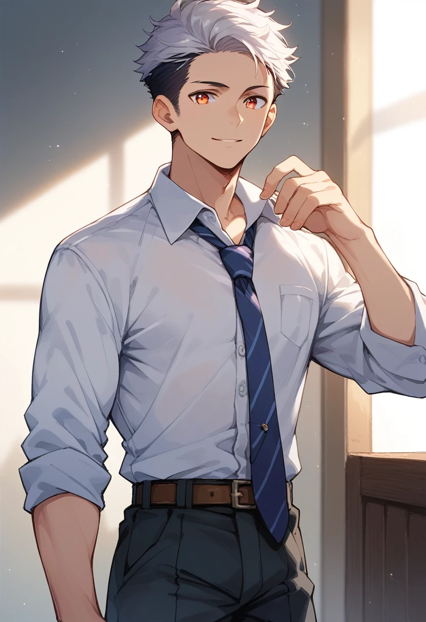 (score_9,score_8_up,score_7_up,score_6_up,score_5_up,score_4_up, source_anime), 8k, best quality, best lighting, BREAK, 1man, 27 yo, toned, male face, male eyes, male focus, navy hair, orange eyes, (smile: 0.7), dress shirt, necktie, wide shot, side parted hairstyle