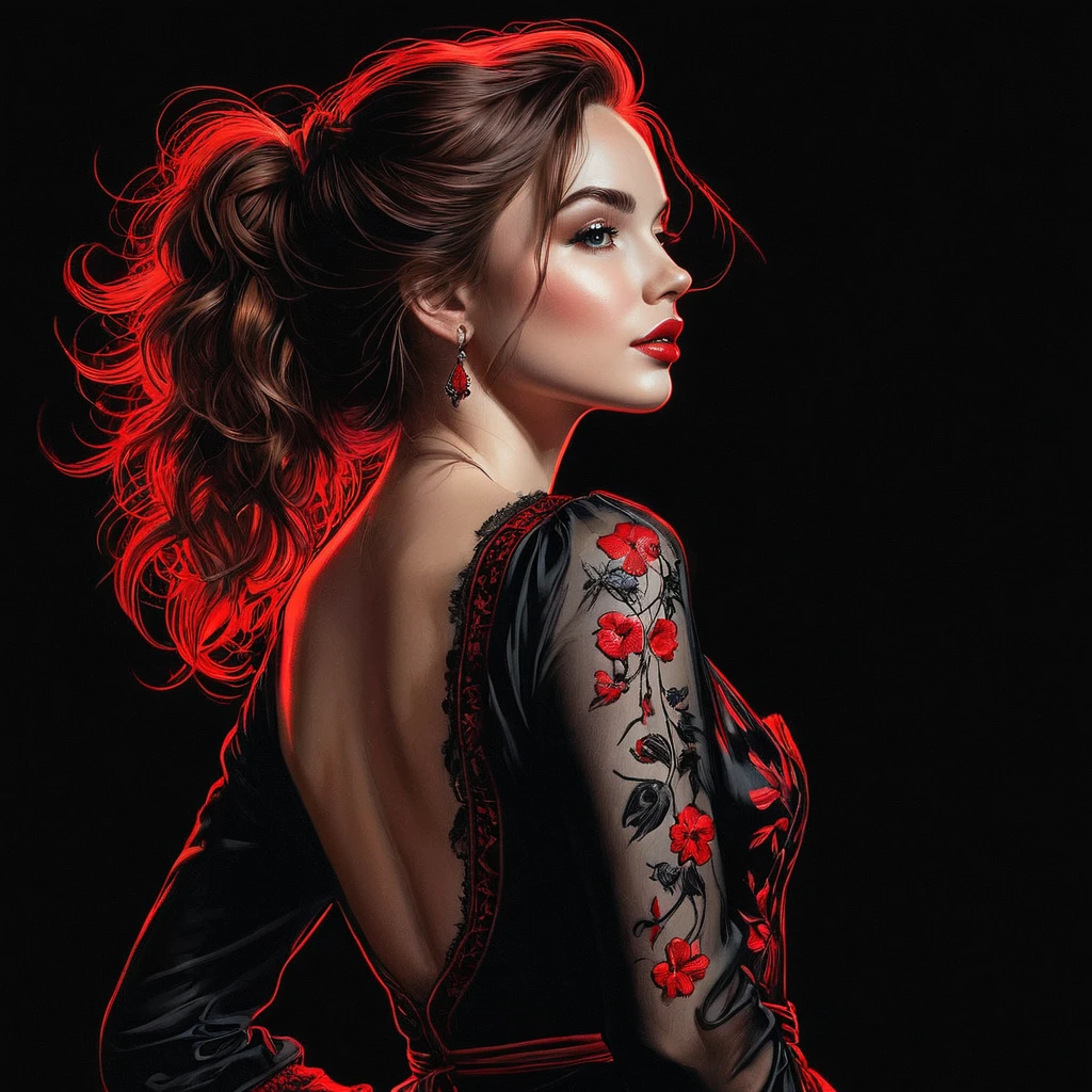 posters, close up, whole body, arte das eyeshadows, red contour drawn on a dark black background, Red outline silhouette, loose hair, silhouette of a beautiful young woman, perfect physique, thin and graceful shapes, charming modesty, perfection in a tight black silk dress, 8k resolution, lateral view, eyeshadows, uncanny, Style of Jean Baptiste Monge, thomas kinkade, David Palumbo, Carne Griffiths.