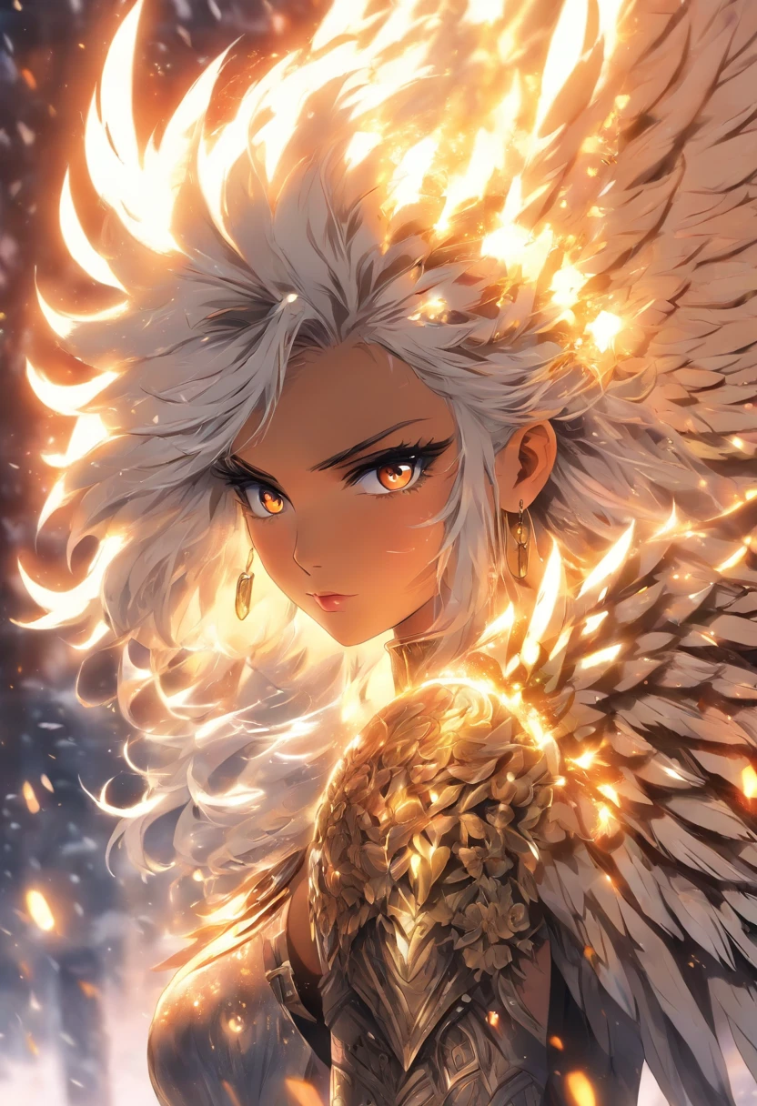 A Russian girl in her early 20s with ashgrey haired, The most beautiful and sexy warlord goddess,  platinum white hair, glowing orange eyes, dark skin, highly detailed white spiked battle armor, Golden angel wings, tattoos and piercings, Many feathers flying, flower pedals blowing in the wind, post apocalyptic winter world, perfect masterpiece, high quality, high resolution