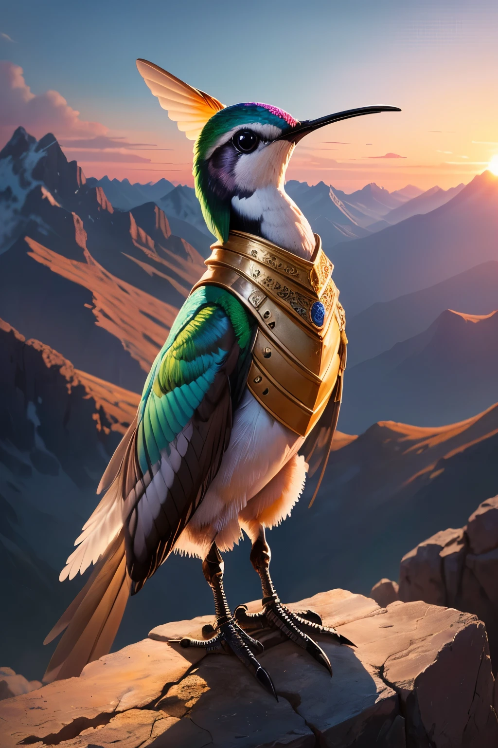 ((best qualityer)), ((work of art)), (detailded), strong hummingbird representing the Farid Company, Wearing golden armor, Standing on top of a mountain, Sky at dusk.
