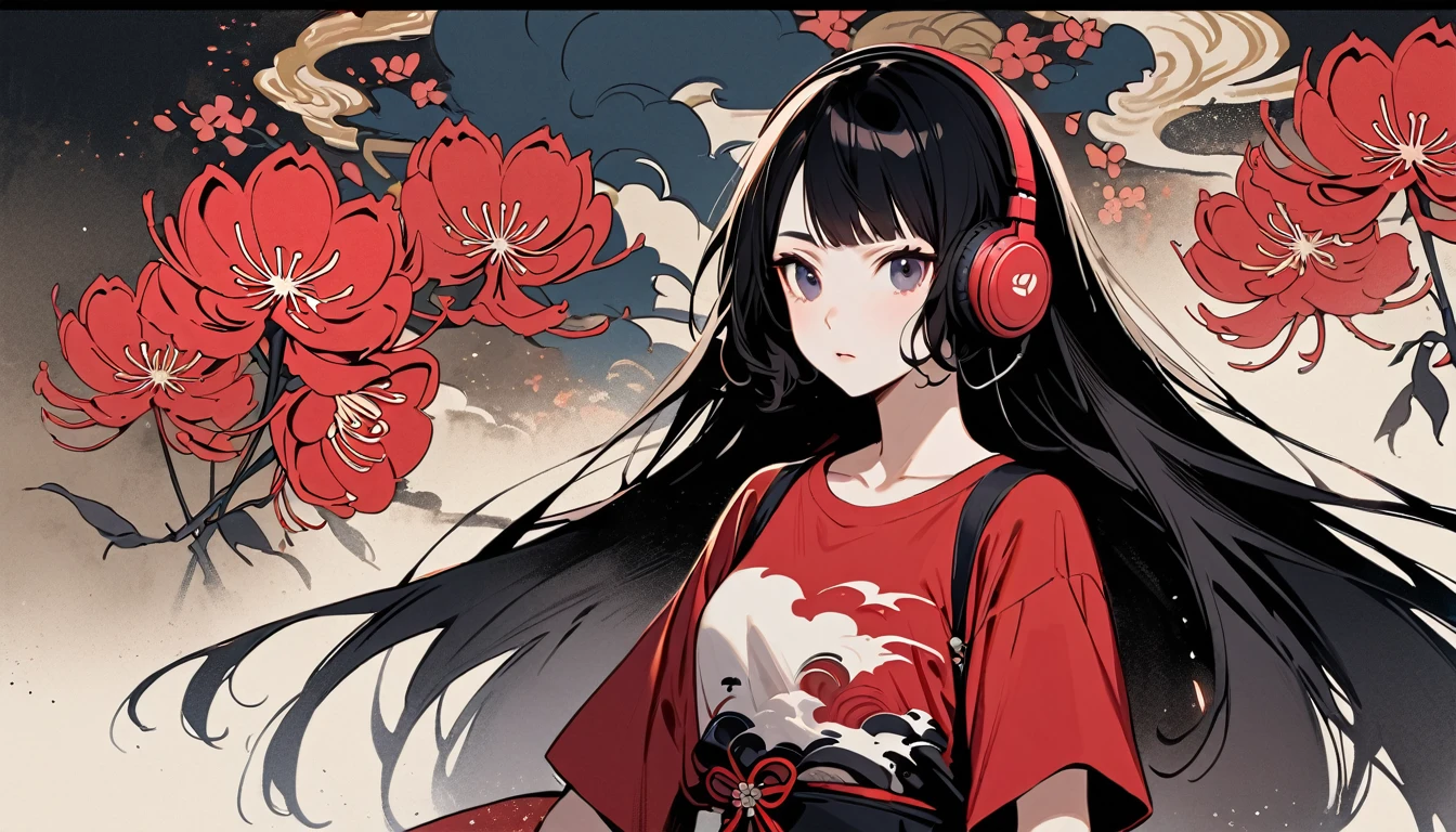 Highest quality, Katsushika Hokusai, Ink Painting, (((straight longhair))), (((1 girl))), (((Pale red T-shirt))), Japanese style headphones, Red spider lily, beautiful girl, Black Hair, Delicate and precise, Modern ukiyo-e style