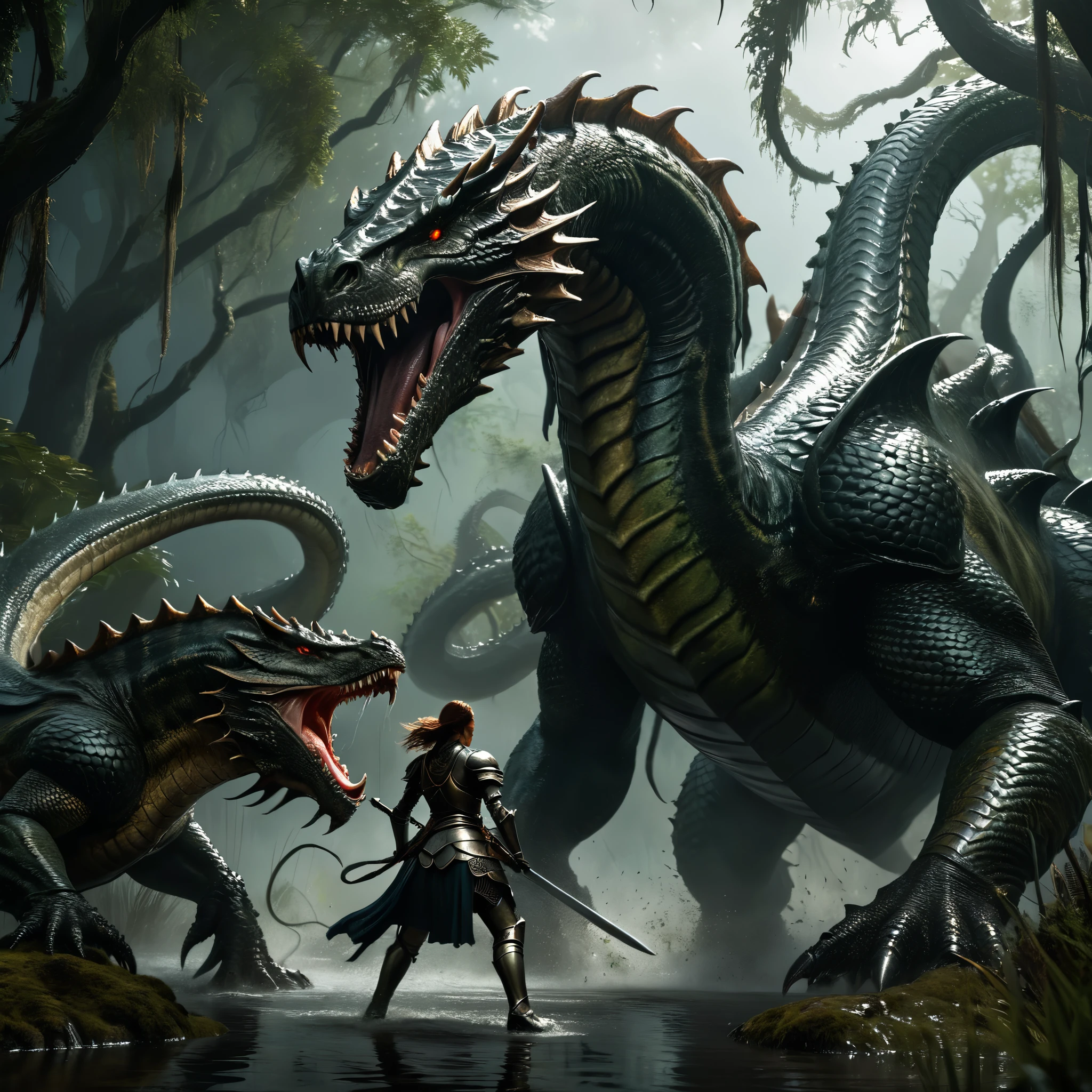 a female knight battling a giant multi-headed hydra monster, highly detailed, fantasy, epic battle scene, a swamp, in a dark forest, hyper realistic, dramatic lighting, cinematic, 8k, artstation, concept art, digital painting, award winning, The hydra is breathing poison. It is two meters tall.