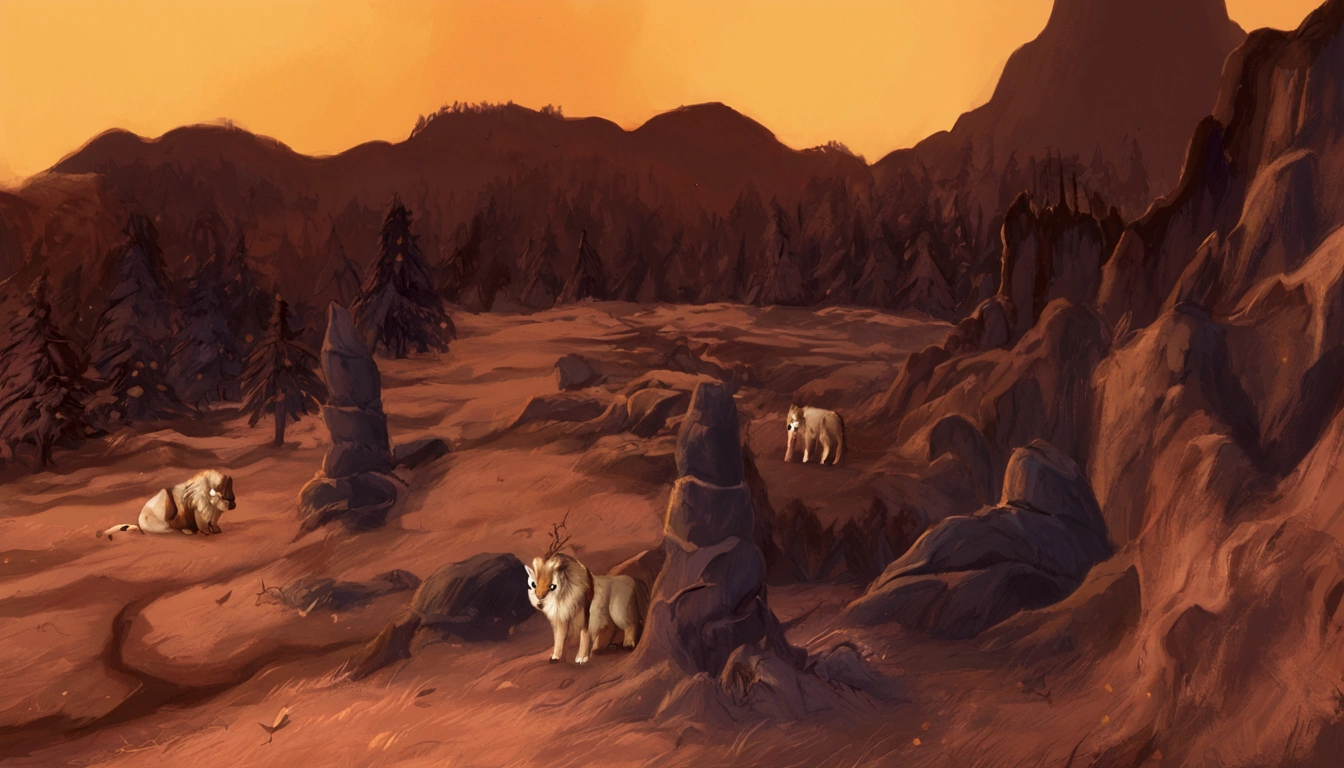 Masterpiece, best quality, very detailed, A dark, sinister lion’s lair nestled deep in the forest. The lair is a rocky, shadowy den, surrounded by towering trees with twisted, gnarled branches on either side. The forest floor is littered with dried leaves and bones, creating an eerie atmosphere. Evil lions with menacing eyes patrol the territory, their muscular forms moving stealthily through the dim light that barely penetrates the dense canopy above. No humans or human buildings are present, only the ominous natural elements and the foreboding presence of the lions.