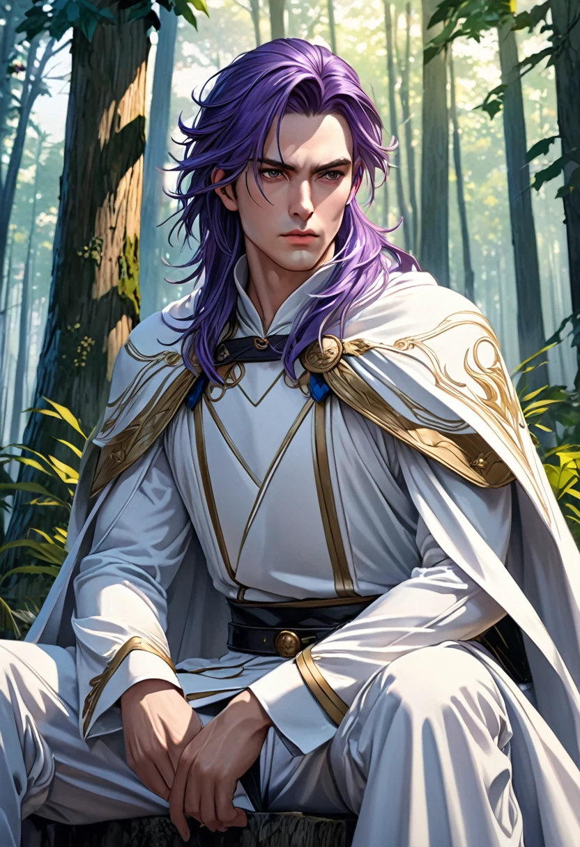 (Masterpiece, 8k, absurd, digital art, digital illustration, realistic, highly detailed, realistic lighting)､Create a highly detailed, anime-inspired illustration in Pixiv art style. The character is a beautiful man with long purple hair, wearing white clothing. He is draped in a cape with a blue lining and is holding a sword. He is sitting with one knee up and has a serious expression. The background is set in a forest, making the character stand out against the natural scenery. Emphasize the details of his clothing and the texture of his hair. 4K, masterpiece, highest quality.