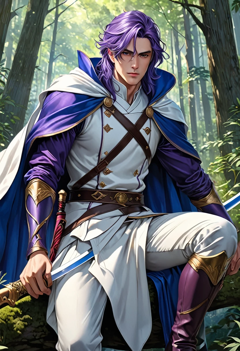 (Masterpiece, 8k, absurd, digital art, digital illustration, realistic, highly detailed, realistic lighting)､Create a highly detailed, anime-inspired illustration in Pixiv art style. The character is a beautiful man with long purple hair, wearing white clothing. He is draped in a cape with a blue lining and is holding a sword. He is sitting with one knee up and has a serious expression. The background is set in a forest, making the character stand out against the natural scenery. Emphasize the details of his clothing and the texture of his hair. 4K, masterpiece, highest quality.