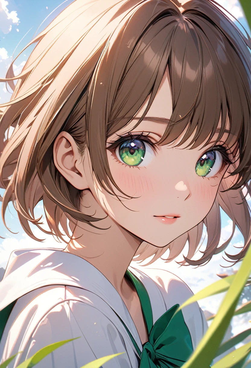 ((masterpiece)), ((Highest quality)), ((High resolution)), ((In detail)),((Highest quality, 8k, masterpiece)), beautiful kinomoto sakura, cardcaptor sakura anime, 1 girl, solo, short brown hair, emerald green eyes, wearing