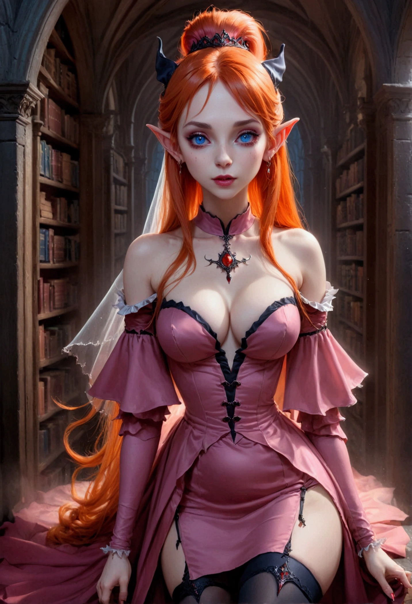 arafed a picture of elf vampire in her castle. an exquisite beautiful, busty, female elf vampire (ultra details, Masterpiece, best quality), full body, ((anatomically correct: 1.5) bloody mouth, orange hair, pale skin, hair in a ponytail, long hair, blue eyes, (small pointed ears: 1.2), cold eyes, smirking, wearing pink dress (ultra details, Masterpiece, best quality), red cloak, wearing high heels, in dark fantasy library, book shelves, vibrant, Ultra-high resolution, High Contrast, (masterpiece:1.5), highest quality, Best aesthetics), best details, best quality, highres, ultra wide angle, 16k, [ultra detailed], masterpiece, best quality, (extremely detailed) RAW, dark fantasy art, gothic art, wearing Haute_Couture designer dress, Dark Novel, Dark Art Painting Style, dripping blood, hud_s1n, short black dress, long sleeves, veil, thighhighs, digital painting, Bloodborne