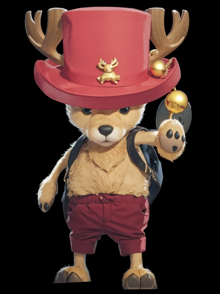 A cute reindeer, with horns, with a red top hat on his head, he is wearing red shorts, holding a golden ball in one paw