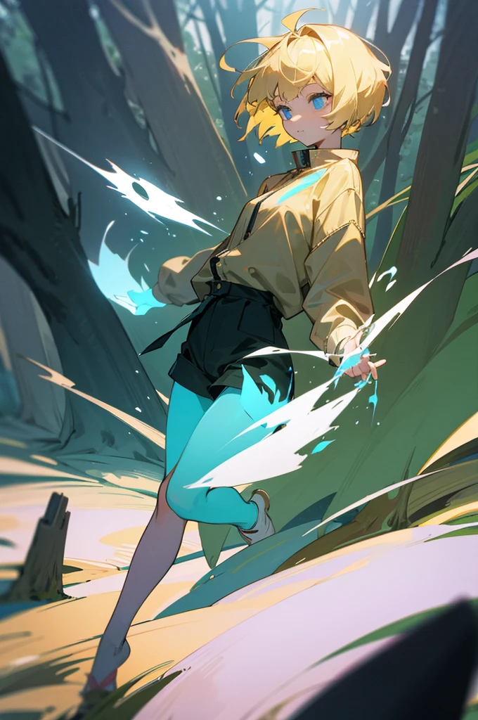 Blonde haired girl with short hair in the forest levitating full body from front with powers