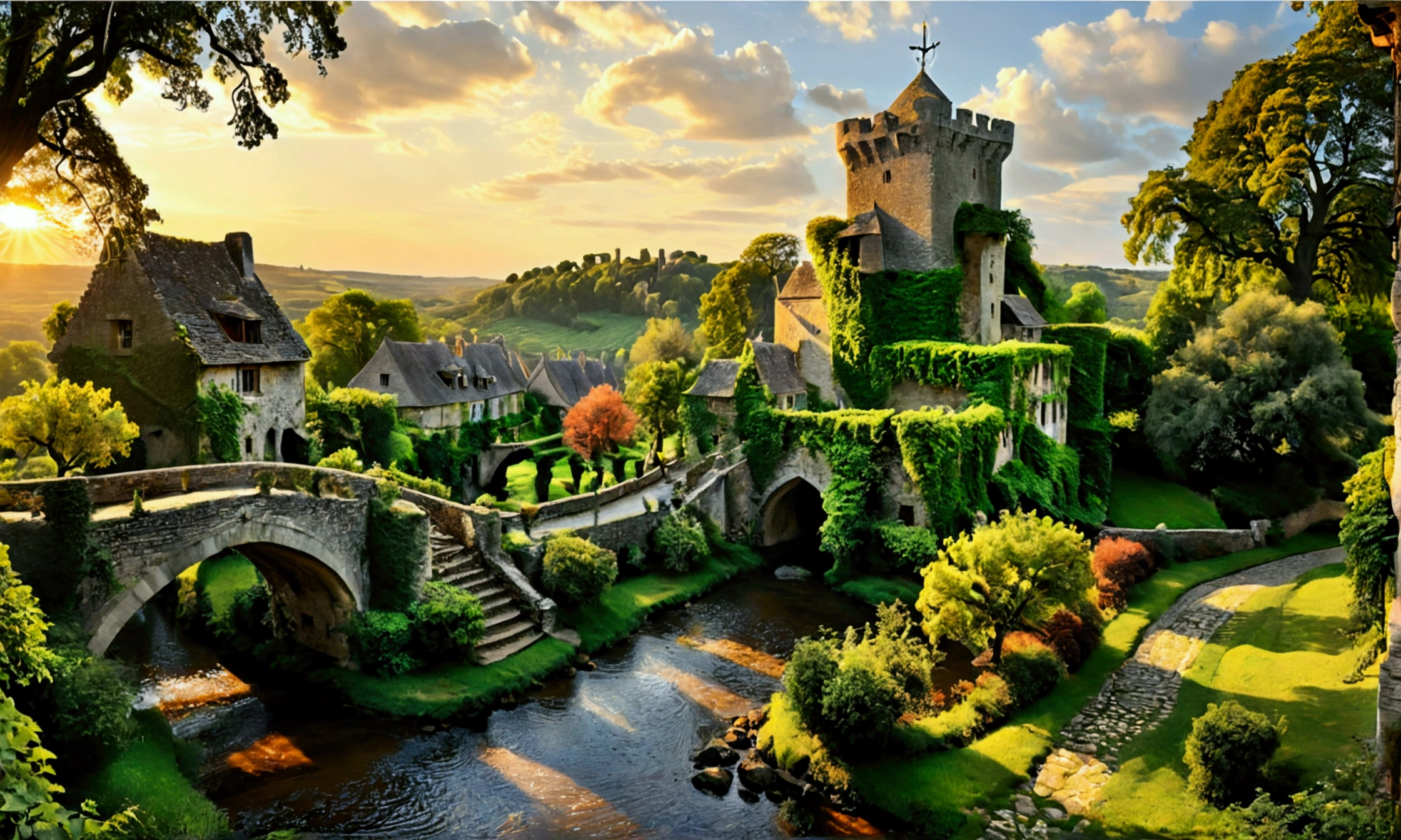 First job, better quality, movie yet, In the heart of the medieval landscape, A picturesque landscape unfolds, it would seem, untouched by the passage of time. Rising above the horizon, The majestic stone castle catches your eye. Its conical walls, decorated with shabby flags, Stand guard against the blue sky. Drawbridge, suspended over a peaceful moat, connects the castle with lush vegetation, Emerald Forest, surrounding him., trees, it would seem, whisper the secrets of past centuries. To the East, A winding cobbled path leads to a picturesque village, nestled among the hills.. Thatched cottages, its walls are decorated with ivy, get together, as if telling stories of past generations. Windmill with a century-old history, your candles a long time ago, This is evidence of the work of those, who once worked on this land.. Outside the village, The winding river reflects the amber hues of the setting sun.. Stone bridges curve gracefully over calm waters., connecting the shores, where the vineyards produce bunches of grapes, The promise of future harvests. No distant horizon, The dense forest of ancient oaks and tall pines stretches so far, As far as the eye can see., Its dark green canopy holds many mysteries.. higher, The sky is an azure canvas, framed by cotton clouds. landscape, a harmonious combination of architectural wonders and untouched nature, reminiscent of the timeless beauty of the medieval world, frozen in the tapestry of history., (sparks: 0,7)