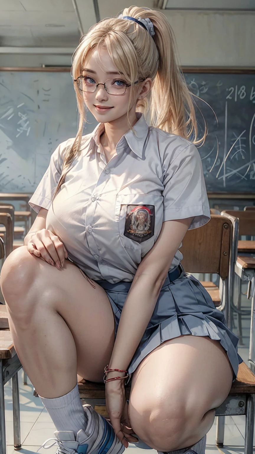 1 woman, 27 years old, blonde ponytail, plump body, blue eyes, Indonesian high-school uniform, wearing glasses, white shirt, osis logo on shirt pocket, natural big breasts, light-grey pleated skirt, squat pose, full body shot, smiling, in the classroom. Spreading legs wide open, 