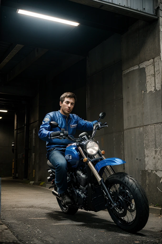 1 man, riding big blue sport motorcycle, drifting