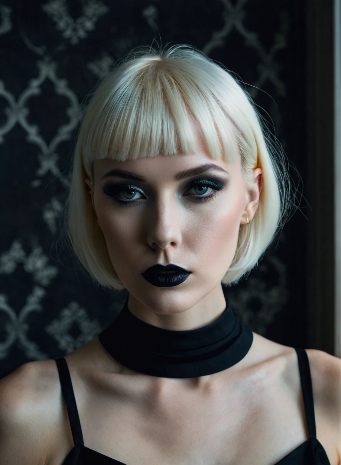 ((Master piece, very realistic, best quality, highly detailed, Frontal view, DELICATE, PORTRAIT, WOMAN 36yo, AESTHETIC)) shallow depth of field, realism, photography, good proportions, narrow depth of field, tilt shift look, bokeh, anamorphic look, cinematic, dark and moody, ((a pale white complexion MODE with short WHITE color hair and bangs and smokey eye makeup, BLACK lips)), wearing black fashion designed by Rick Owens, a dark photograph by Tim Walker and Tom Hoops and Matt Mahurin, a dark liminal space, a desolate seedy hotel room with peeling wallpaper and black painted walls, symbolism, primordial fluids, uneasy feeling, dark occult imagery, melancholic ((very aesthetic))