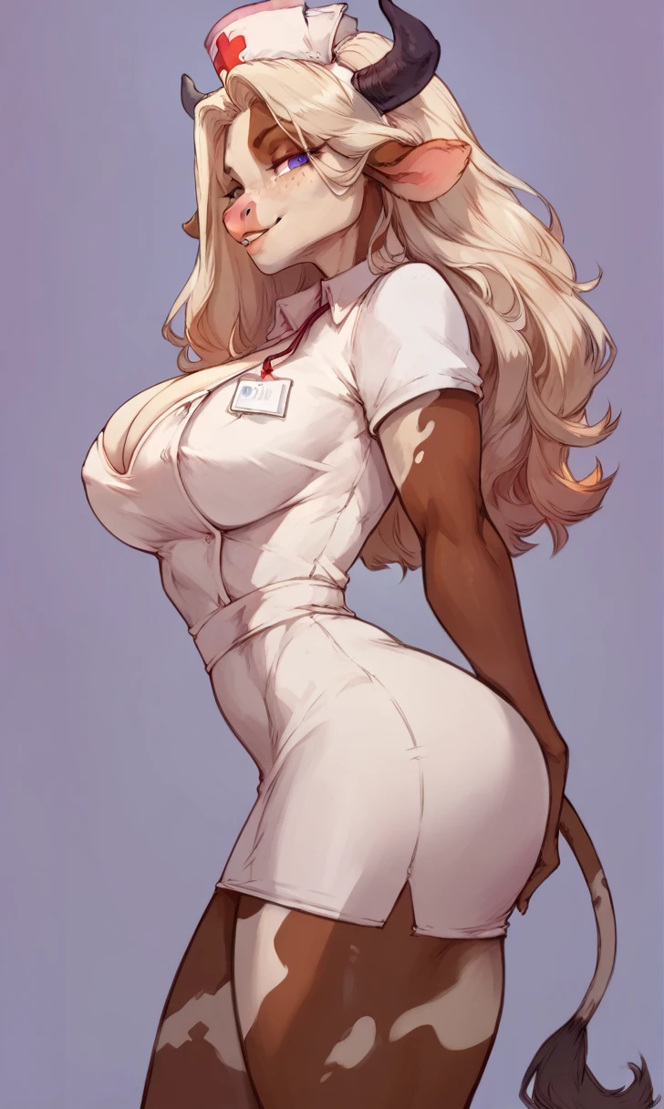 (solo) female anthro cow, long blond hair, cow, big breasts, attractive, nurse dress, fit body, cow tail,, thicc, freckles, freckles on face, smug eyes, (mad expression), she is standing look to the right, violet background, simple background, thick thighs  (side view)