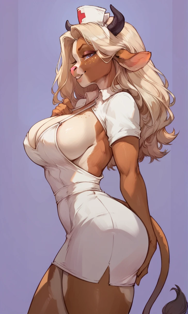 (solo) female anthro cow, long blond hair, cow, big breasts, attractive, nurse dress, fit body, cow tail,, thicc, freckles, freckles on face, smug eyes, (mad expression), she is standing look to the right, violet background, simple background, thick thighs  (side view)