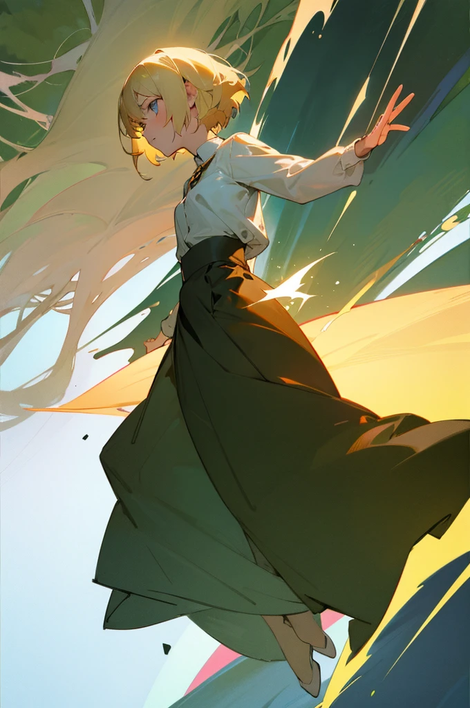 Blonde haired girl with short hair in the forest levitating full body from front with powers
