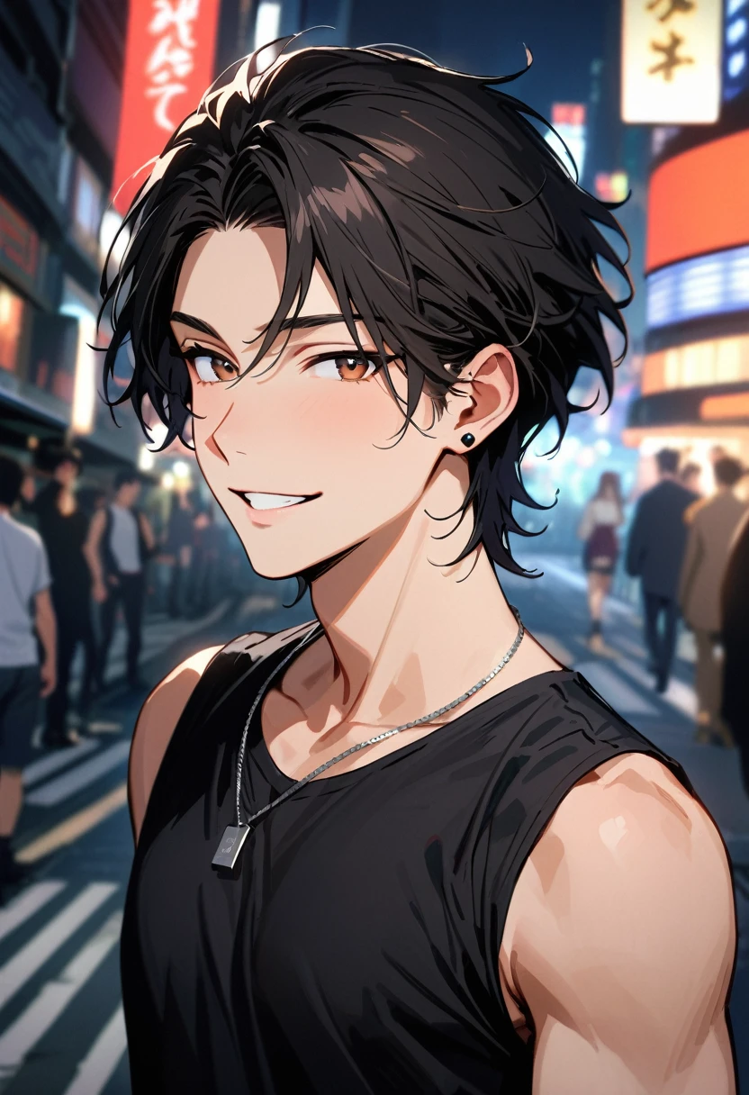 (masterpiece, best quality:1.3), (A young man, 22-years-old, solo, Caucasian, mature face, shaggy tousled black hair, cheerful smile, mouth open, brown eyes, perfecteyes:1.1), (black sleeveless t-shirt, small black earrings, thin silver necklace, Tokyo city, upper body, night:1.2)