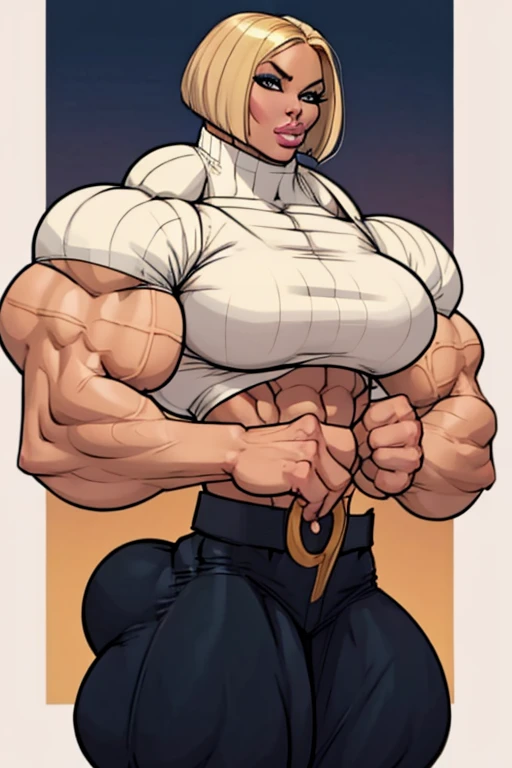 coloured sketch, beautiful woman, blonde bob haircut, turtleneck sweater, long baggy pants, strong well defined muscle, bulky powerful bodybuilder physique, massive muscular arms, perfect and flawless musculature, great muscle definition, perfect muscular body, massive muscular thighs, female muscle juggernaut