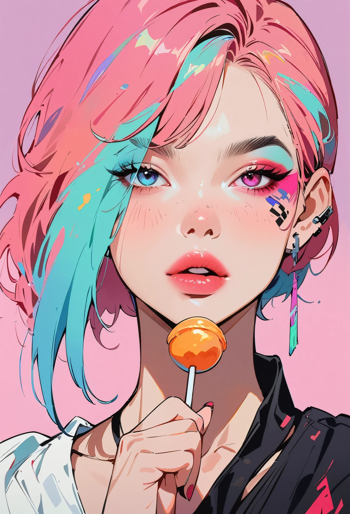 (masterpiece, best quality:1.2), 1 girl, 独奏, Anime style, Heterochromia, With a lollipop, lips pink, Cyberpunk style makeup, Asymmetrical short hair, Asymmetrical short hairstyle, Long bangs on one side, Purple and pink background.