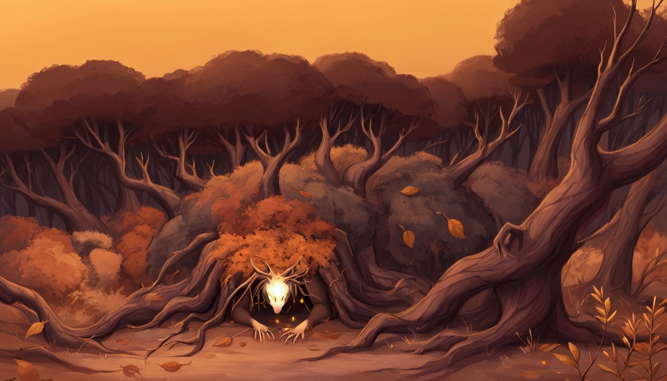 Masterpiece, best quality, very detailed, A dark, sinister lion’s lair nestled deep in the forest. The lair is a rocky, shadowy den, surrounded by towering trees with twisted, gnarled branches on either side. The forest floor is littered with dried leaves and bones, creating an eerie atmosphere. Evil lions with menacing eyes patrol the territory, their muscular forms moving stealthily through the dim light that barely penetrates the dense canopy above. No humans or human buildings are present, only the ominous natural elements and the foreboding presence of the lions.
