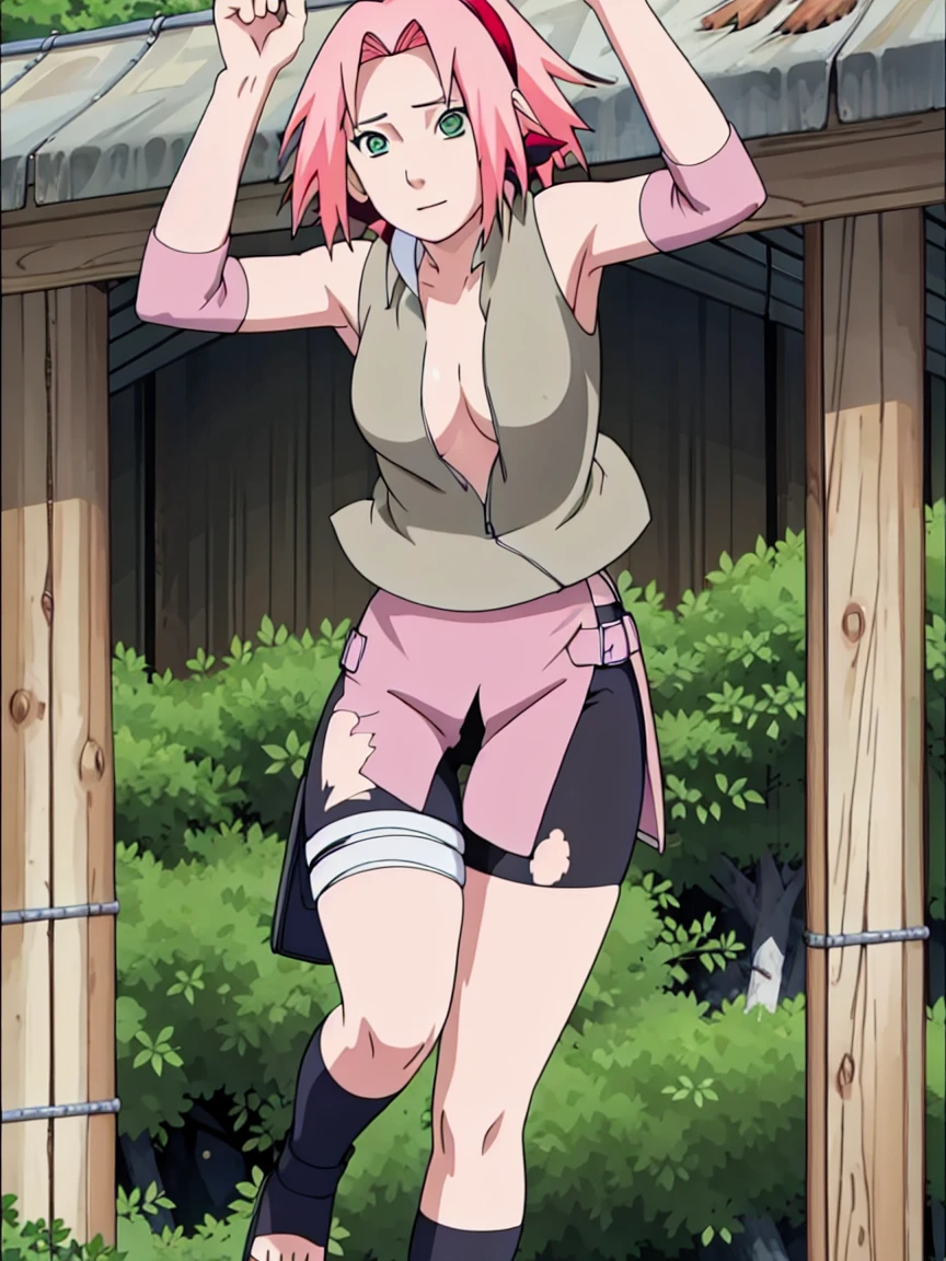 Sakura Haruno nude,wide hips,abdomen,sexy ,Show your armpits,jump,On the tree,IPST,(( naked,Torn shirt,full body,sleep, In the forest,open shirt,nipple))