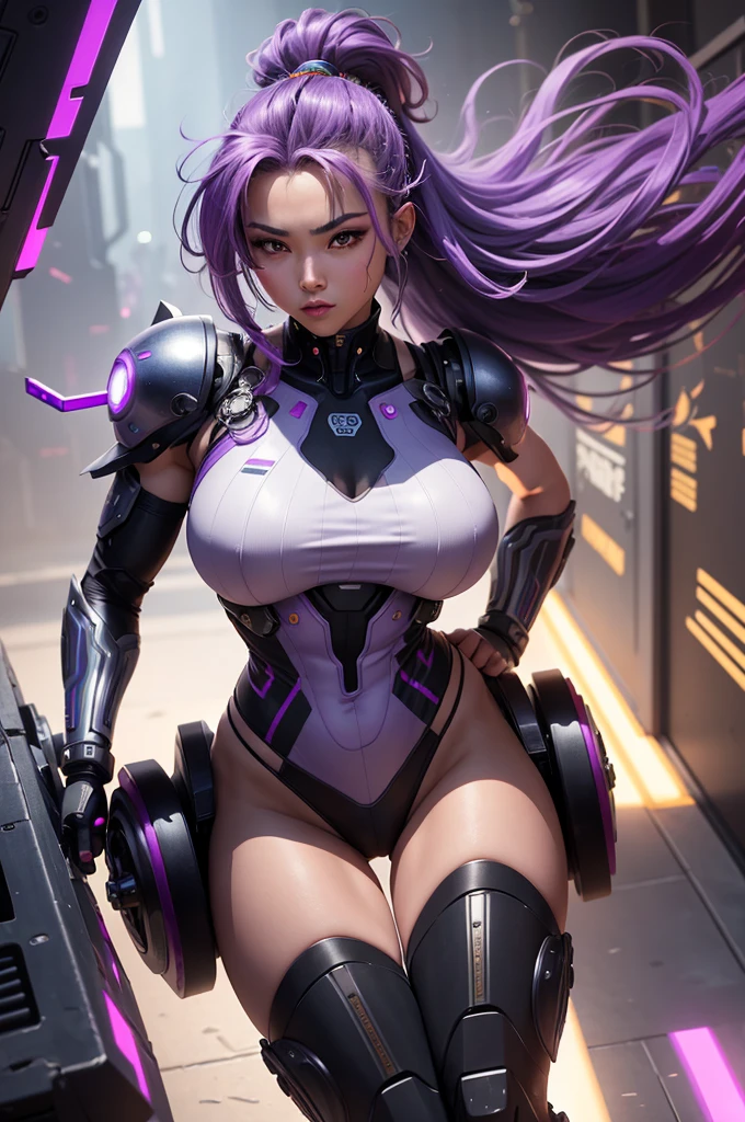 A beautiful, exuberant and very young cybernetic android warrior with black African and oriental Japanese and Chinese features, mixed with the clone of the Greek warrior goddess Athena, with super mega giant breasts, purple eyes, transformed into a super sensual and extremely muscular astronaut, fitness, fit bodybuilder and weightlifter, wearing very short, super radical punk style hair that is purple and very straight in locks, wearing cyberpunk battle clothes, fighting robot drones in a huge futuristic arena