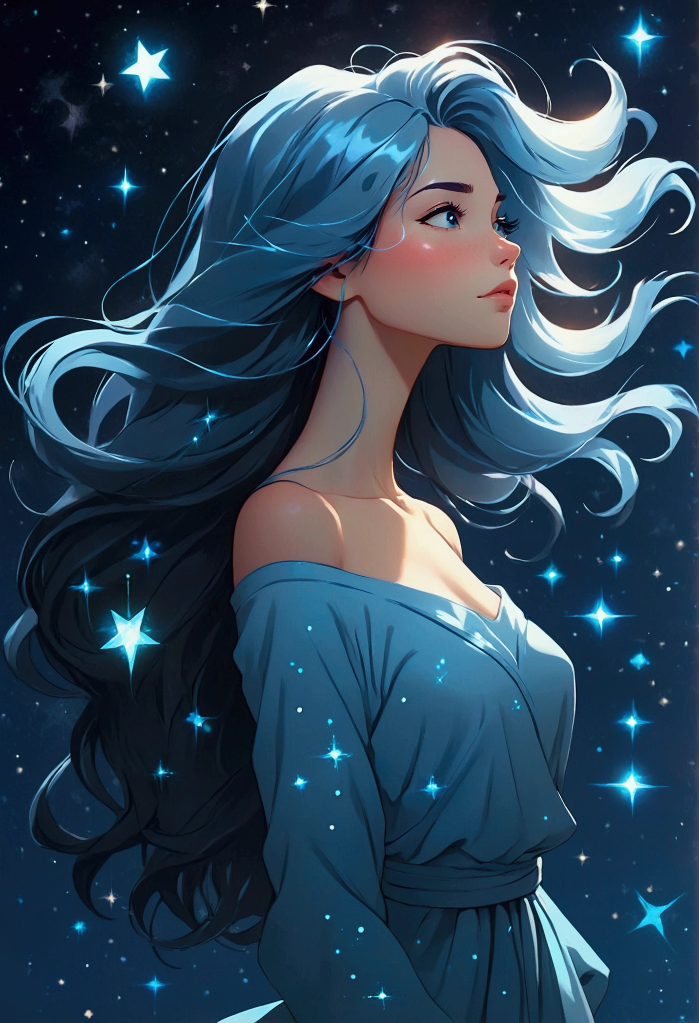 a ion woman with long light blue messy straight hair silhouette (stylized) composed by bright stars. Cosmic background
