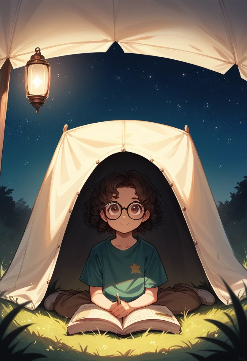 Young sits on the grass reading a book, long black curly hair, wearing glasses, delicate smile, bright brown eyes, looking up at the sky, lamp light, whole body, under a huge tree, farther view, a tent in the background, starry sky, illuminated night, photographic effect, 8k, super detailed, hyper realistic.