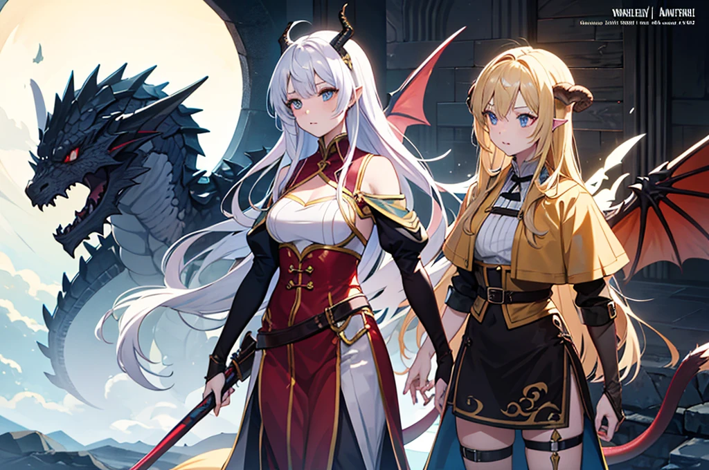Flat-chested girl with long blond hair,Demon horn,kimono,thigh,Standing,flame