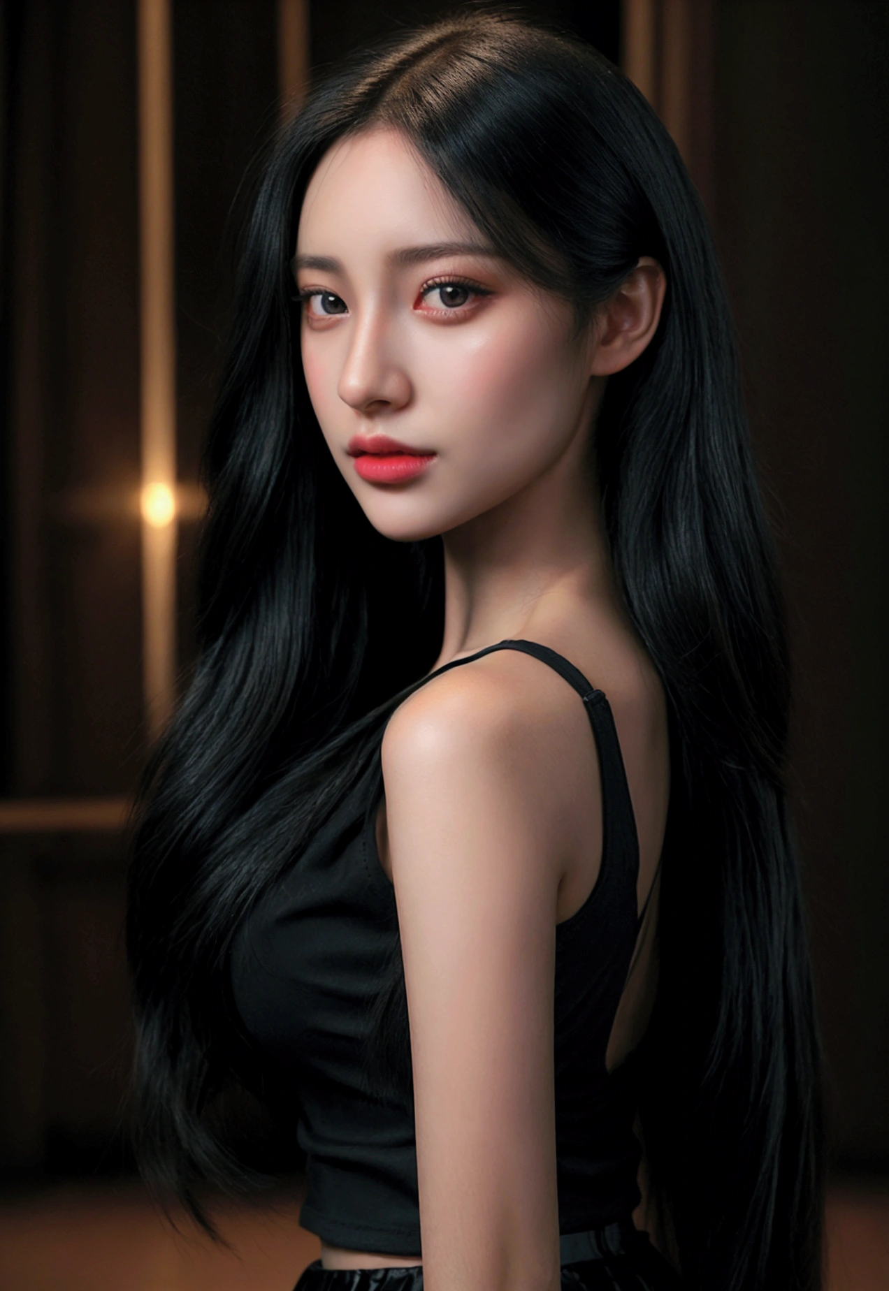 a beautiful young woman with long straight black hair, 1.80m tall, wearing a black sheer skirt, second size bust, and blue sneakers, highly detailed, hyperrealistic, 8k, masterpiece, (best quality,4k,8k,highres,masterpiece:1.2),ultra-detailed,(realistic,photorealistic,photo-realistic:1.37),extremely detailed facial features, beautiful eyes, nose and lips, elegant pose, dynamic composition, soft lighting, vivid colors, cinematic, concept art style