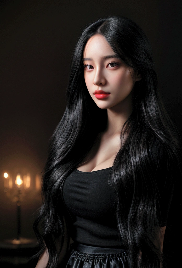 a beautiful young woman with long straight black hair, 1.80m tall, wearing a black sheer skirt, second size bust, and blue sneakers, highly detailed, hyperrealistic, 8k, masterpiece, (best quality,4k,8k,highres,masterpiece:1.2),ultra-detailed,(realistic,photorealistic,photo-realistic:1.37),extremely detailed facial features, beautiful eyes, nose and lips, elegant pose, dynamic composition, soft lighting, vivid colors, cinematic, concept art style