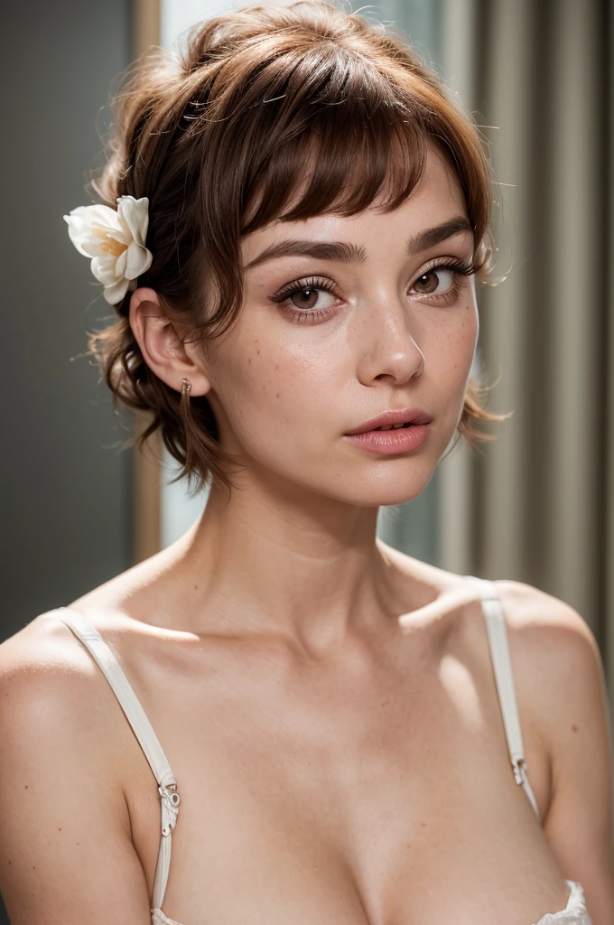 (((best quality, exceptional quality))), ((better skin texture, premium material)), ((upper body portrait, close-up)), ((enchanting rosy blush, vellus hair, unique identifying breast freckle, seeing her blush is more than enough fanservice)), (similar to audrey hepburn), a softcore starlet loosely portraying the character "Holly Golightly" posing for a photoshoot with elements of fanservice bordering on softcore porn, good looks reminiscent of sex symbol darling audrey hepburn, short hair, (short blunt bangs), (eye makeup, 60's eyeliner trend)