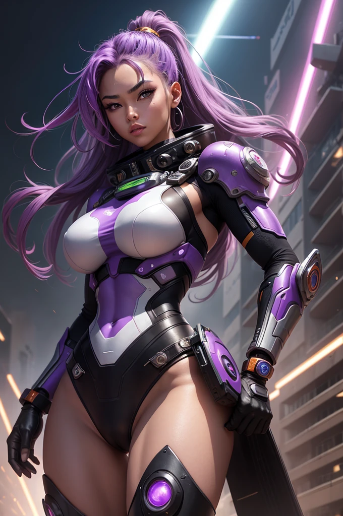 A beautiful, exuberant and very young cybernetic android warrior with black African and oriental Japanese and Chinese features, mixed with the clone of the Greek warrior goddess Athena, with super mega giant breasts, purple eyes, transformed into a super sensual and extremely muscular astronaut, fitness, fit bodybuilder and weightlifter, wearing very short, super radical punk style hair that is purple and very straight in locks, wearing cyberpunk battle clothes, fighting robot drones in a huge futuristic arena