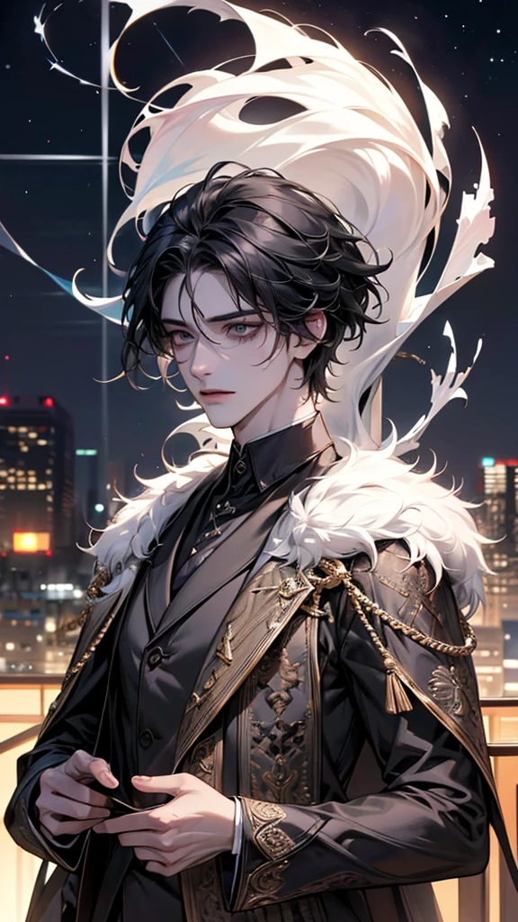 black hair, Surrealism, 8k, super detail, UHD, masterpiece, accurate, anatomically correct, textured skin, super detail, high details, high quality, award winning, best quality, highres
"A man standing in a nighttime setting. He exudes a quiet and alluring aura, with a look of boredom and weariness in his eyes. His expression is languid and detached, giving off an air of disinterest in everything around him."