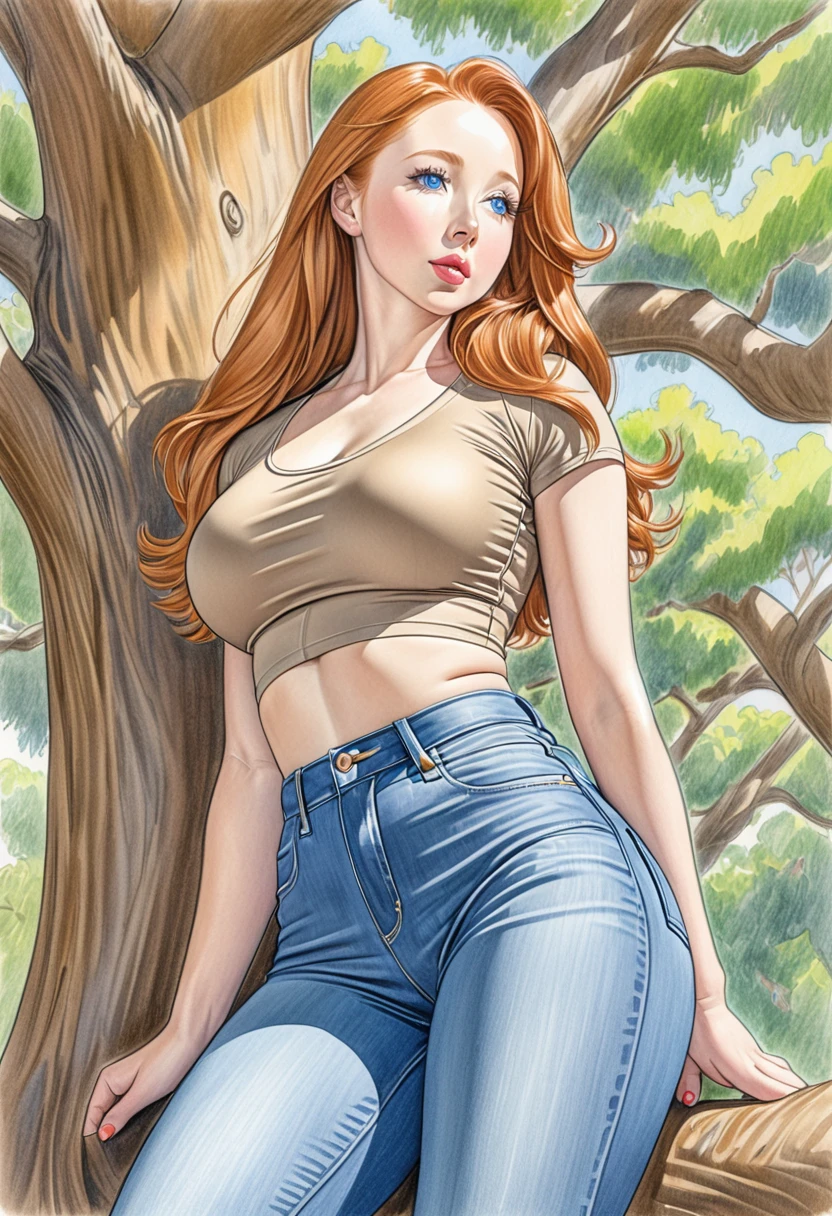 A colored pencil sketch of A beautiful woman, A light brown skin tight spandex top, large heaving breasts, skin tight highrise jeans. curvy, thin-waist, wide-hips, swaying-hips. mash up of Molly Quinn. She is sitting seductively under a live oak tree.