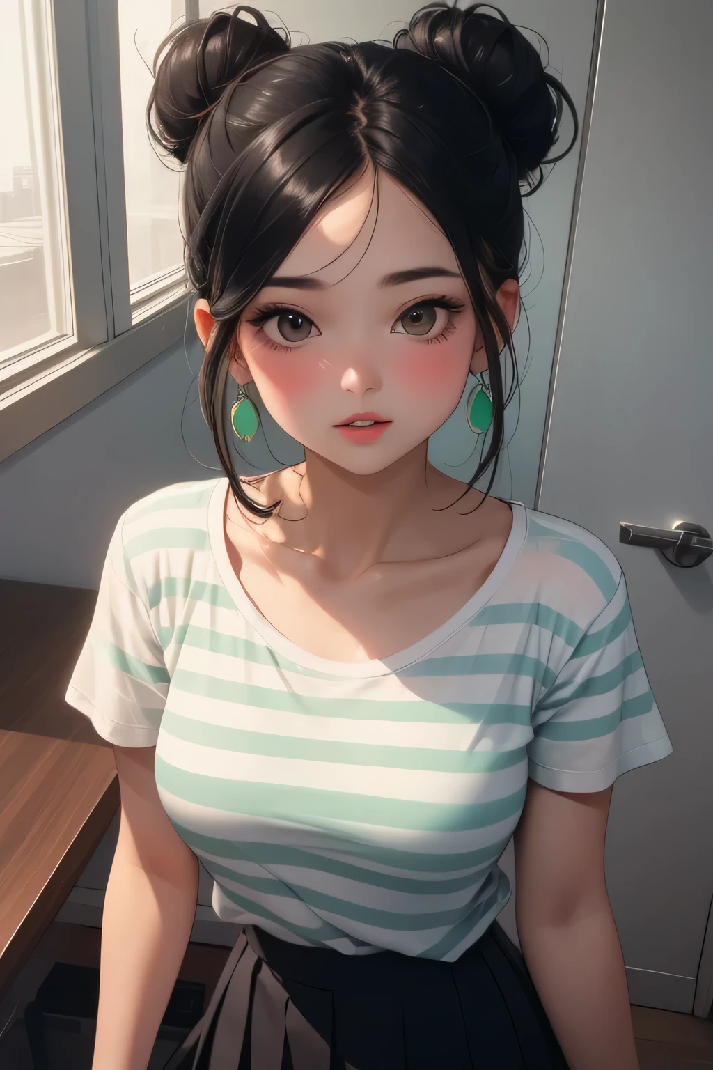 Amazing portrait of a sexy and woman with a beautiful face with seductive eyes gazing intensely at me with her soft lips parted in anticipation of a kiss which is making her blush intensely her lips are also curved in a soft smile she has her luscious black hair in a cute bun wearing a black and white striped t shirt and a dark green skirt paired with some elegant earrings her t shirt showing her medium chest and perfect body off