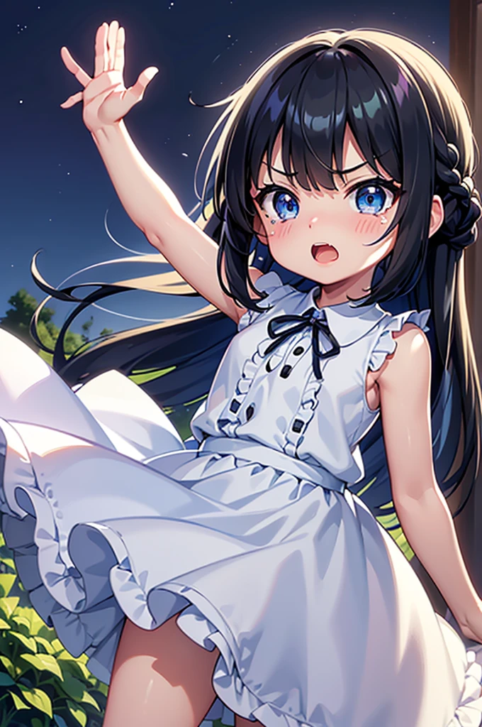 Highest quality、High resolution、Detailed Background、Beautiful face in every detail、Anatomically correct、Detailed facial expressions、fine grain、One Girl、Black Hair、beautiful clear big blue eyes、Braided Bob、Chibi Girl、primary school, A childlike, brightly colored sleeveless shirt with frills、garden、((arm up in the air and waving:1.2)), Nothing in my hands、Very angry face、Glaring at the audience、I have a lot of tears in my eyes、I am going to cry、Screaming with open mouth、(Close-up of the mouth)
