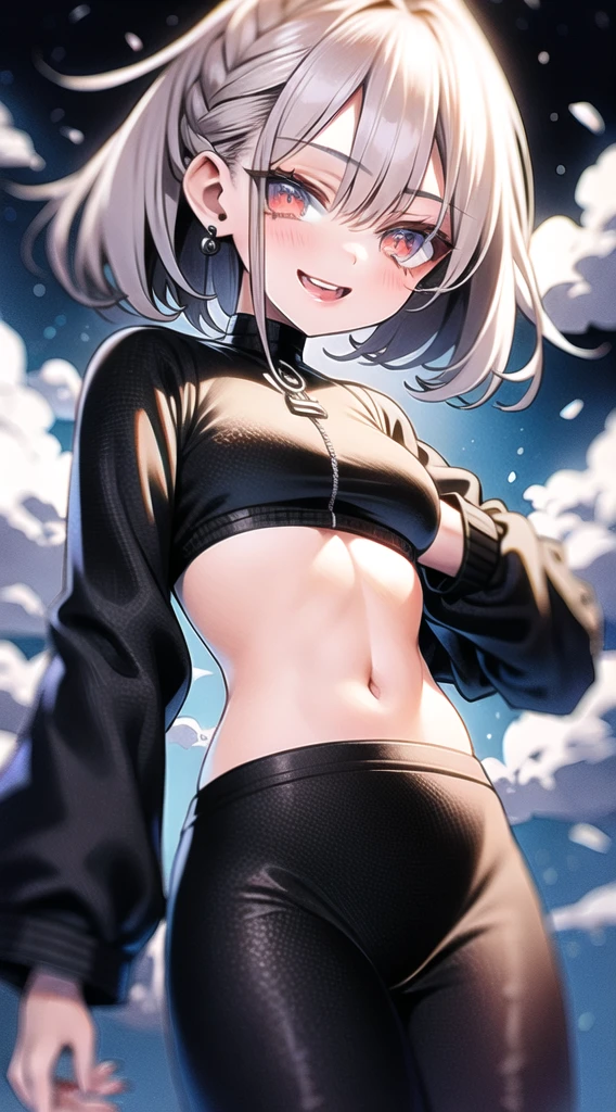 Young girl, short gray hair, gray eyes, high ponytail, cyberpunk, white top, open belly, shorts, furcoat, masterpiece, high quality, SilverWolf