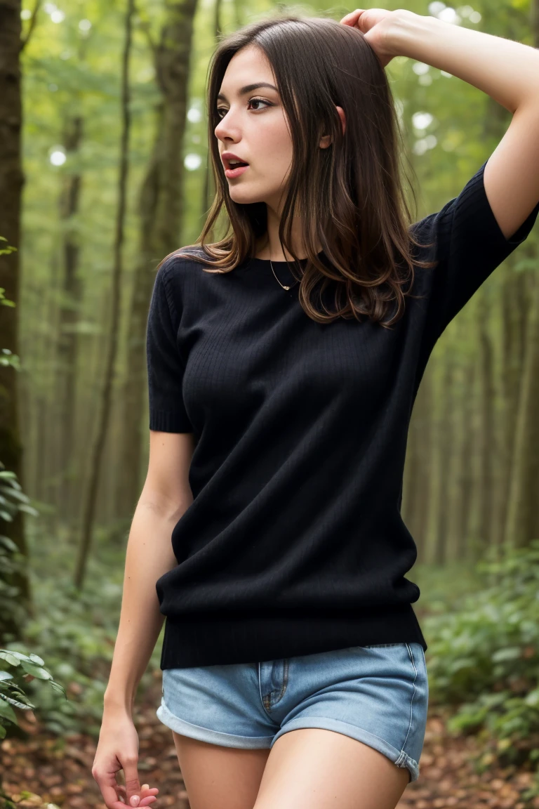 (bestquality,realistic:1.2),(brunette hair:1.1),(French:1.1),(sexy:1.1),(slim figure:1.1),(18 years old:1.1),(handcuffed:1.1),(black short sleeve sweater:1.1),(rolled-up sleeves:1.1),(hands up:1.1),(visible legs:1.1),(open mouth:1.1),illustration,forest,detailed eyes,detailed lips,high definition,professional lighting,vivid color