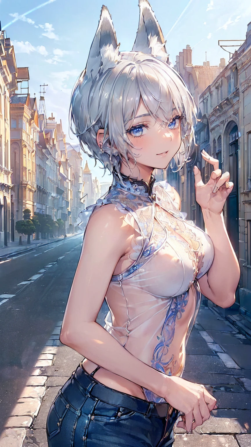 (((masterpiece))), (((Highest quality))), ((Very detailed)), ((Ultra-fine illustrations)), ((Ultra-fine painting)), (16K Highest qualityの壁紙:1.4), (Upper Body:1.6), High resolution, (Highly detailed and subtle illustration style:1.8), Detailed skin texture, Detailed cloth texture, Very detailed説明, (Very detailed顔:1.4), (Very detailedシルバーキツネの耳:1.2), (Very beautiful、Short hair with attention to detail:1.2), (Very beautiful、Detailed blue eyes:1.2), original, Intricate details, Super Details, (Perfect Anatomy:1.4), (Extremely elaborate hands:1.2), (Very elaborate fingers:1.2), (Very detailed指先:1.2), (sexy), (sexy), (18-year-old:1.4), (alone:1.6), ((銀色のキツネ耳を持つVery beautiful and coolなボーイッシュなキツネモデル:1.4)), Beautiful and adorable silver fox ears:1.6), (Very detailed and delicate silver fox ears:1.2), (Beautiful and well-shaped big breasts:1.2), (Beautiful and shapely butt), (Beautiful and shiny rainbow short hair, Colorful Short Hair:1.4), (Very fine and delicate silver short hair:1.4), (Beautiful clear blue eyes:1.5), (Very delicate and detailed blue eyes:1.2), (Very detailed顔:1.4), (smile:1.5), (blush:1.3), (View your viewers:1.4), (Dynamic pose:1.2), (walk:1.4), ((Very beautiful and cool:1.4)), ((After noonの背景には、Highly detailed and beautiful cityscapes of European capitals。:1.6), (After noon:1.4), Highly detailed and intricate streets of European capitals:1.2), (Browsing Caution) bikini、bikini、bikini、bikini