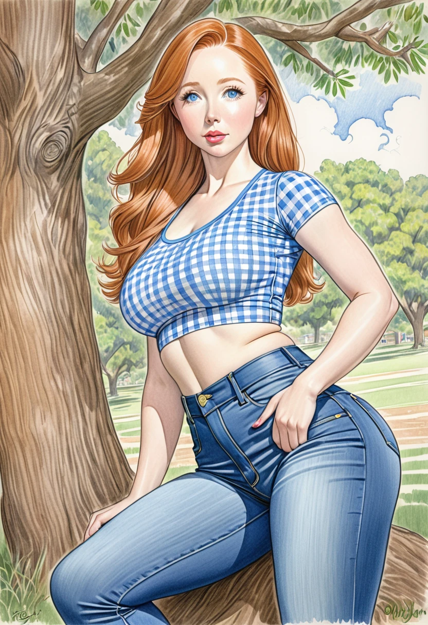 A colored pencil sketch of A beautiful woman, A gingham, skin tight spandex top, large heaving breasts, skin tight highrise jeans. curvy, thin-waist, wide-hips, swaying-hips. mash up of Molly Quinn. She is sitting seductively under a live oak tree.
