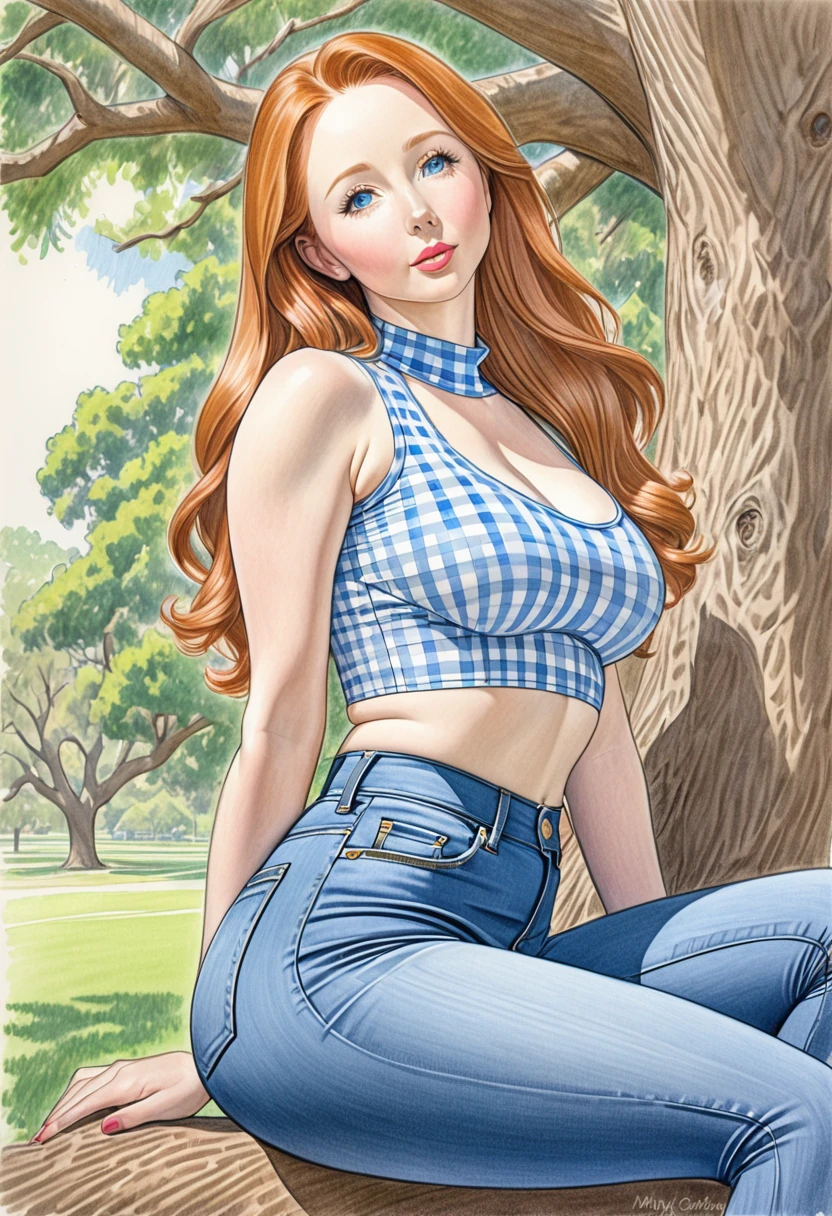 A colored pencil sketch of A beautiful woman, A gingham, skin tight spandex top, large heaving breasts, skin tight highrise jeans. curvy, thin-waist, wide-hips, swaying-hips. mash up of Molly Quinn. She is sitting seductively under a live oak tree.
