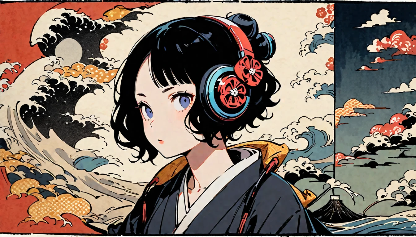 Highest quality, Katsushika Hokusai, Ink Painting, (((1 girl))), (((Horror elements))), Japanese style headphones, beautiful girl, Black Hair, Delicate and precise, Modern ukiyo-e style, Cyberpunk City