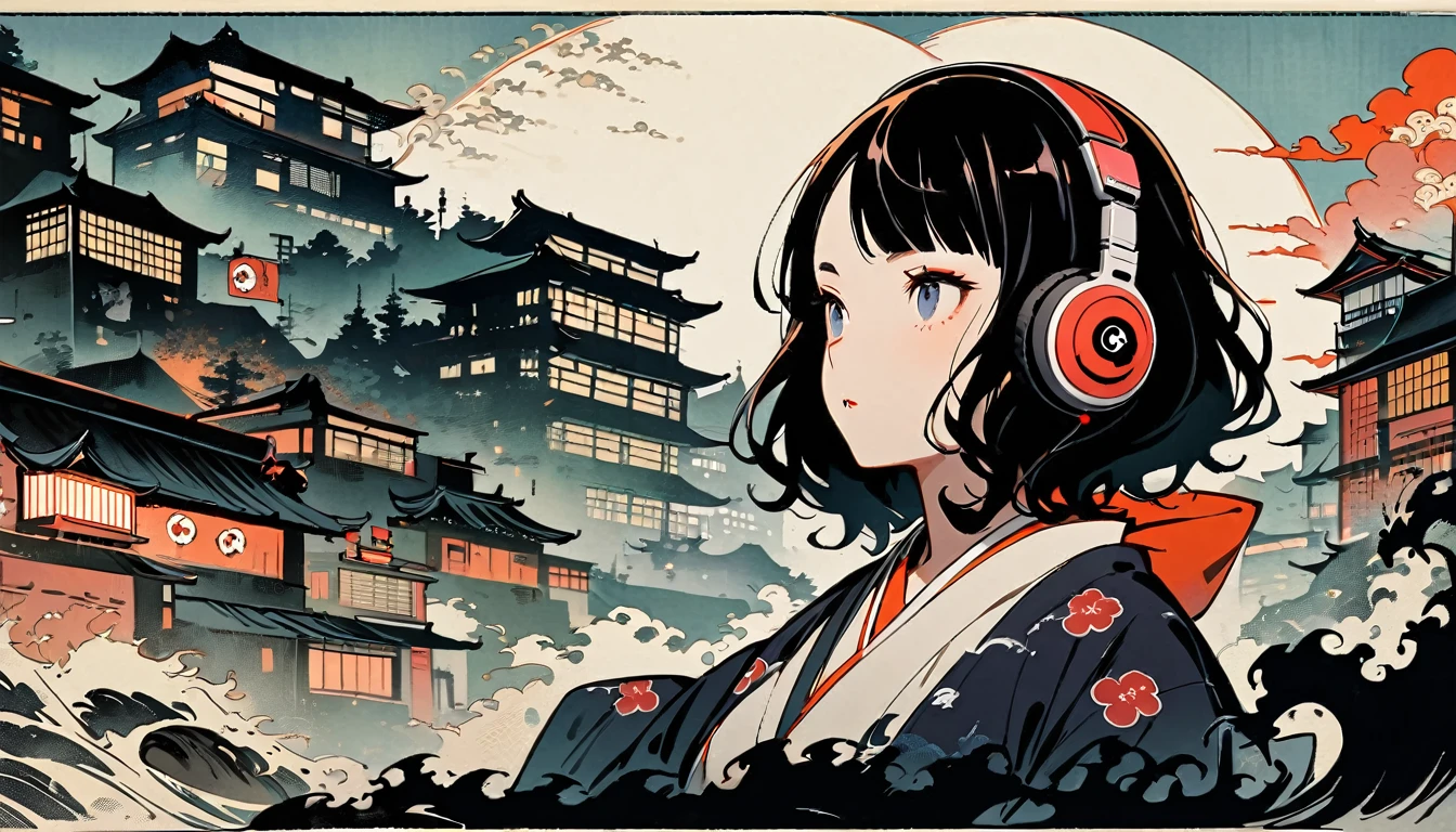 Highest quality, Katsushika Hokusai, Ink Painting, (((1 girl))), (((Horror elements))), Japanese style headphones, beautiful girl, Black Hair, Delicate and precise, Modern ukiyo-e style, Cyberpunk City