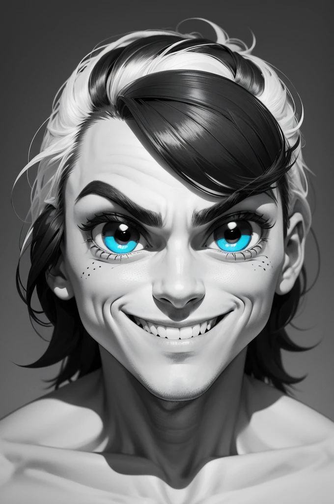 create a male character drawn only by black and white colors, the character itself must be in the cartoon style, big eyes smile not very expressive , I portray him as a sad being! leave it in its best quality , background without many things (very simple)