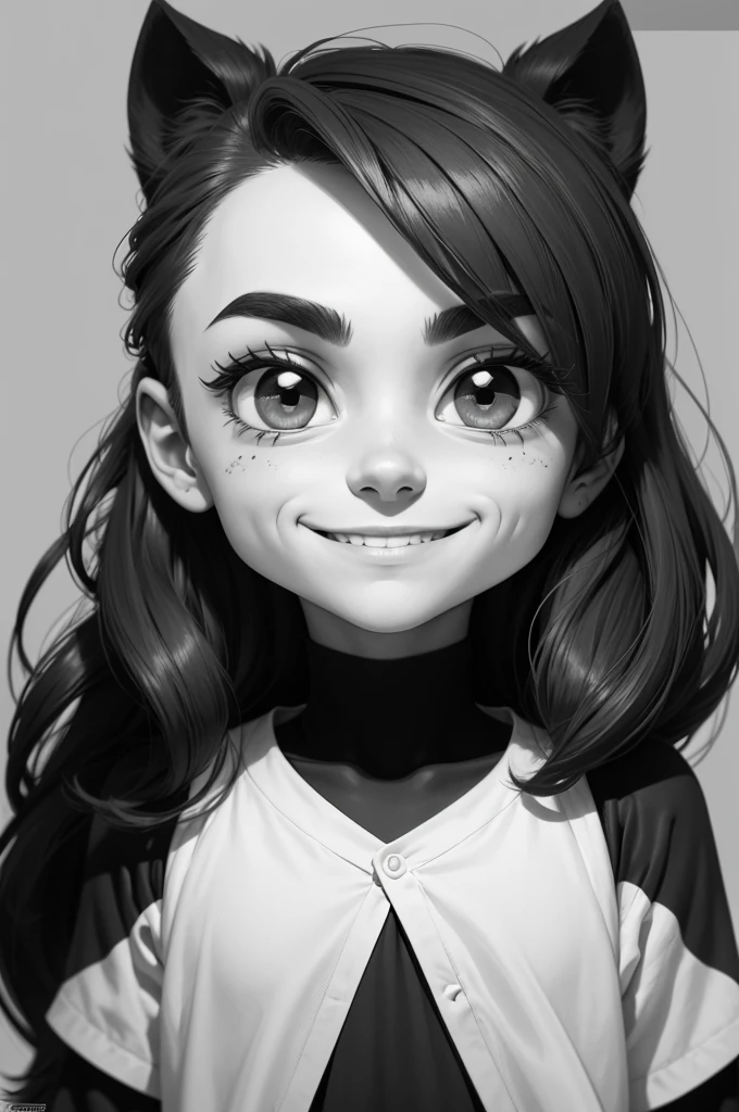 create a male character drawn only by black and white colors, the character itself must be in the cartoon style, big eyes smile not very expressive , I portray him as a sad being! leave it in its best quality , background without many things (very simple)