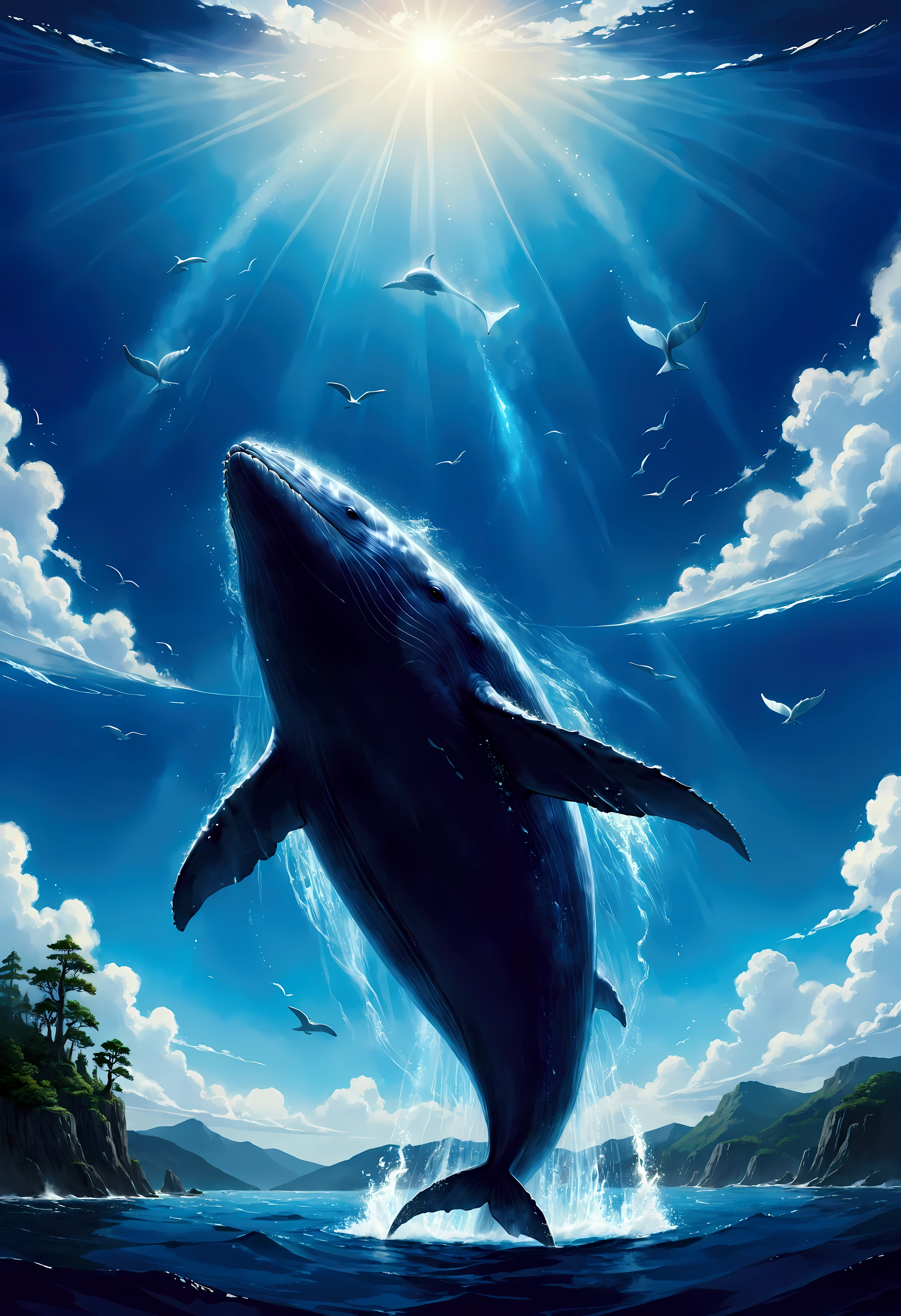 Create a breathtaking, ultra-high-definition image in 16K resolution that captures the whimsical and magical essence of a fantasy world, inspired by the art style of Studio Ghibli. |Visualize a colossal flying whale, its body gracefully gliding through the sky. The whale's skin should be a rich shade of blue with intricate patterns and markings, giving it an ancient, mystical appearance. Its eyes are large and expressive, reflecting a sense of wisdom and serenity. Small, bioluminescent creatures accompany the whale, adding to the magical atmosphere. |The scene is set in a vast, open sky filled with fluffy, painterly clouds that evoke a sense of wonder and tranquility. Below, the landscape is a lush, verdant world with rolling hills, dense forests, and sparkling rivers, reminiscent of Studio Ghibli's enchanting backgrounds. The lighting is soft and warm, with rays of sunlight filtering through the clouds, casting a golden glow on the whale and the scenery below.| Capture the whale in a dynamic pose as it soars majestically through the sky, its massive fins outstretched and its tail gracefully trailing behind. The camera angle should emphasize the whale's grandeur and the vastness of the sky, creating a sense of awe and wonder. The whale's body should have a textured, almost tactile quality, with detailed scales and patterns that highlight its fantastical nature. |The overall ambiance should integrate vibrant colors and rich details, creating a sense of depth and immersion in the fantasy world. Ensure anatomical correctness, with a focus on ultra-detailed textures and high-quality rendering, capturing every nuance of the whale's appearance and the ethereal beauty of its surroundings. This masterpiece should embody the spirit of adventure and magic, immersing viewers in its lifelike depiction. |  ((perfect_composition, perfect_design, perfect_layout, perfect_detail, ultra_detailed)), ((enhance_all, fix_everything)), More Detail, Enhance.