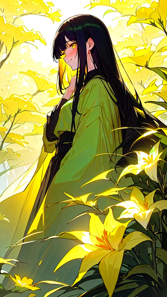 Alone, Long hair, black hair, minimalism, necessary, High resolution, Long hair, short hair, Medium hair, straight hair, much hair, Lonely nape hair, smile, Closed mouth, yellow eyes, Ear blush, amber eyes, simple background, shine, backlighting, chiaroscuro, cheered up, Artistic, outdoor, modern, background with green tones with yellow flowers and trees, 22 year old man, high collection average