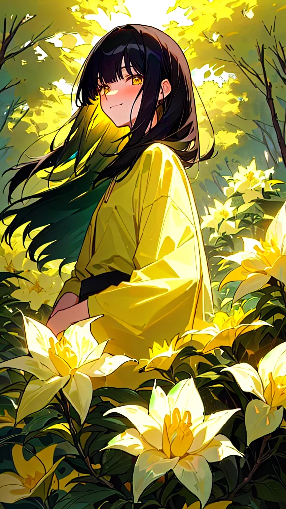 Alone, Long hair, black hair, minimalism, necessary, High resolution, Long hair, short hair, Medium hair, straight hair, much hair, Lonely nape hair, smile, Closed mouth, yellow eyes, Ear blush, amber eyes, simple background, shine, backlighting, chiaroscuro, cheered up, Artistic, outdoor, modern, background with green tones with yellow flowers and trees, 22 year old man, high collection average