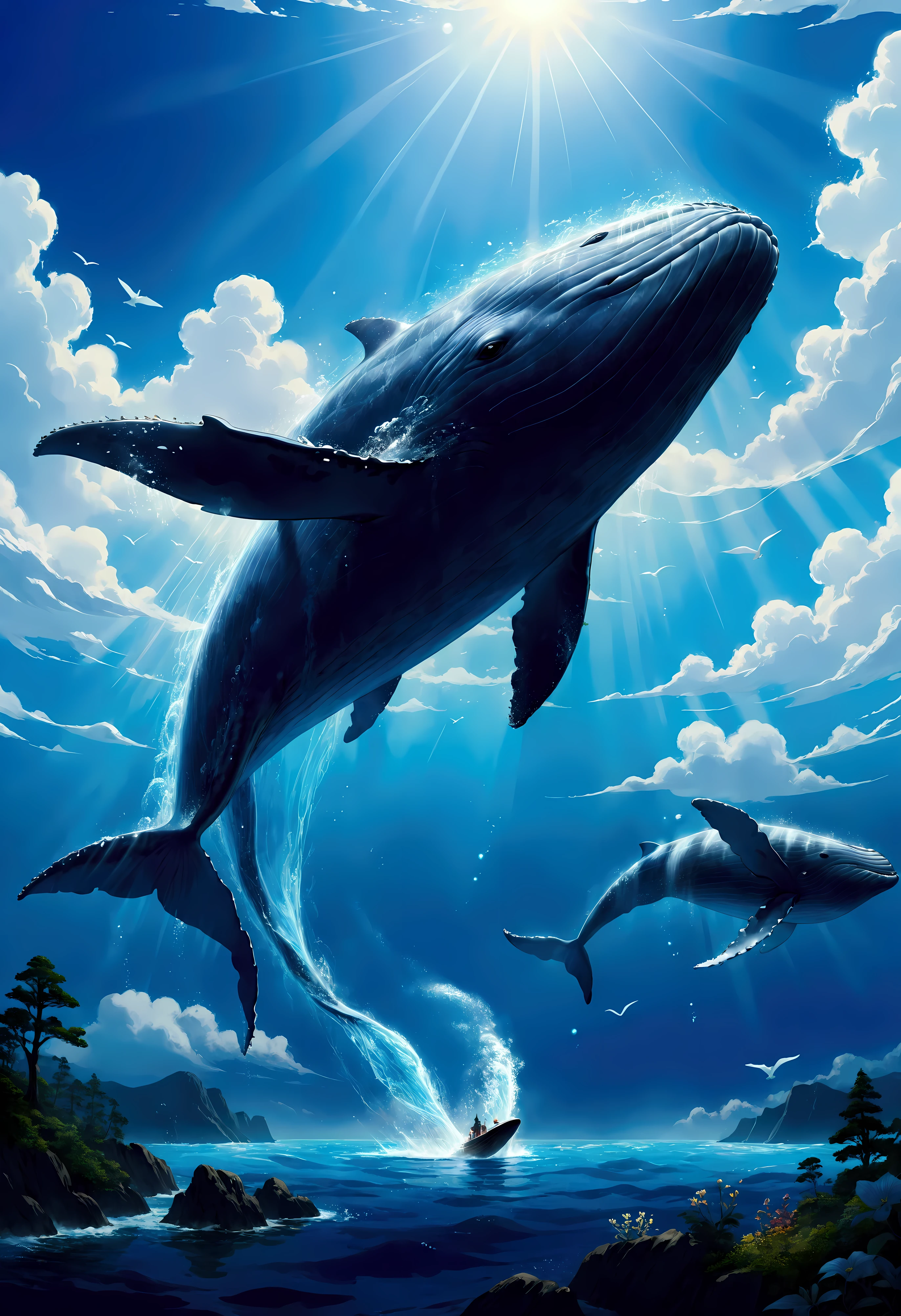 Create a breathtaking, ultra-high-definition image in 16K resolution that captures the whimsical and magical essence of a fantasy world, inspired by the art style of Studio Ghibli. |Visualize a colossal flying whale, its body gracefully gliding through the sky. The whale's skin should be a rich shade of blue with intricate patterns and markings, giving it an ancient, mystical appearance. Its eyes are large and expressive, reflecting a sense of wisdom and serenity. Small, bioluminescent creatures accompany the whale, adding to the magical atmosphere. |The scene is set in a vast, open sky filled with fluffy, painterly clouds that evoke a sense of wonder and tranquility. Below, the landscape is a lush, verdant world with rolling hills, dense forests, and sparkling rivers, reminiscent of Studio Ghibli's enchanting backgrounds. The lighting is soft and warm, with rays of sunlight filtering through the clouds, casting a golden glow on the whale and the scenery below.| Capture the whale in a dynamic pose as it soars majestically through the sky, its massive fins outstretched and its tail gracefully trailing behind. The camera angle should emphasize the whale's grandeur and the vastness of the sky, creating a sense of awe and wonder. The whale's body should have a textured, almost tactile quality, with detailed scales and patterns that highlight its fantastical nature. |The overall ambiance should integrate vibrant colors and rich details, creating a sense of depth and immersion in the fantasy world. Ensure anatomical correctness, with a focus on ultra-detailed textures and high-quality rendering, capturing every nuance of the whale's appearance and the ethereal beauty of its surroundings. This masterpiece should embody the spirit of adventure and magic, immersing viewers in its lifelike depiction. | ((perfect_composition, perfect_design, perfect_layout, perfect_detail, ultra_detailed)), ((enhance_all, fix_everything)), More Detail, Enhance.